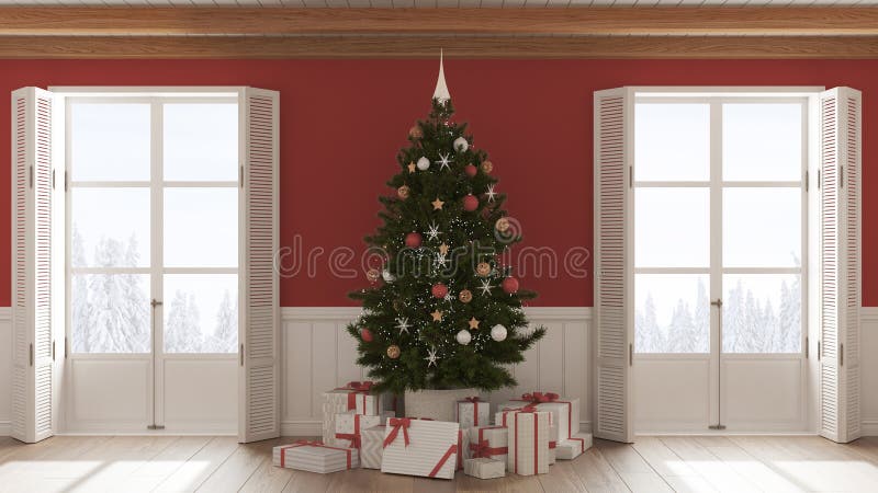 Christmas Interior Design, Living Room with Parquet Floor in White ...