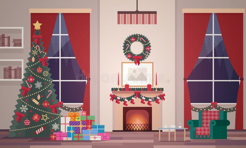 Christmas interior of the living room in a flat style. Evening New Year`s scene stock illustration Christmas interior of the living room in a flat style. Evening New Year`s scene stock illustration