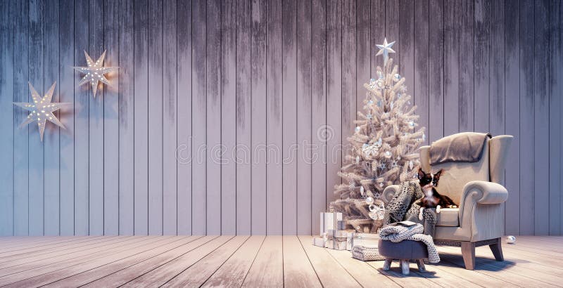 Christmas interior with white Christmas tree and presents