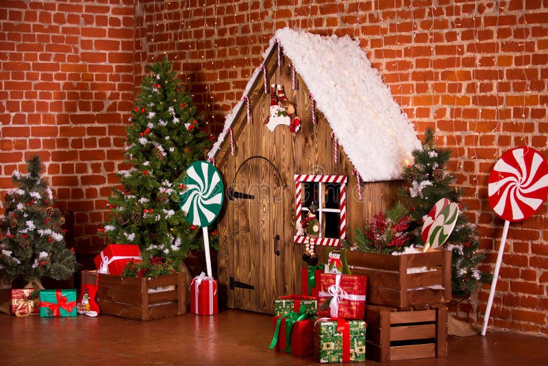Christmas Interior with Wooden House, Candy, Tree and Gifts. No People ...