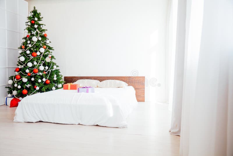 Christmas Bedrooms with Bed Gifts New Year Tree Postcard Stock Photo ...