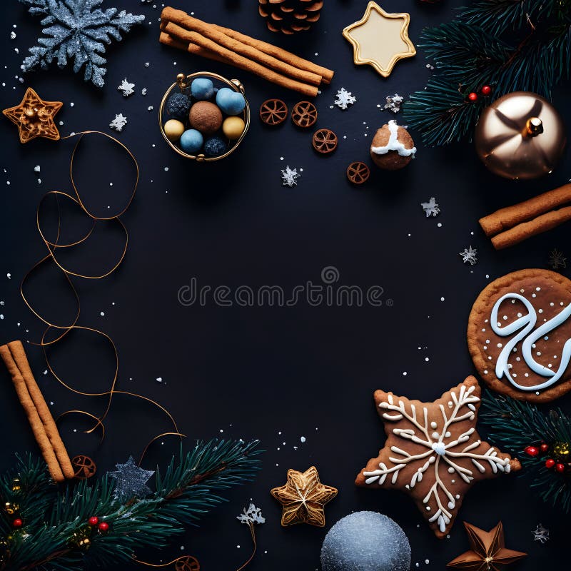 Christmas Items on Flat Black Background in Flat Lay Perspective