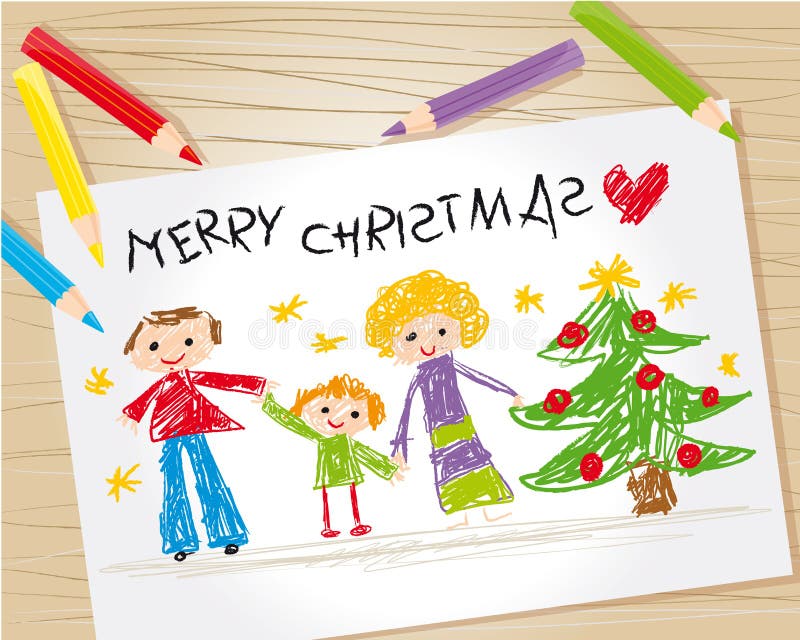 Un bambino di disegno della famiglia felice e l'albero di natale.