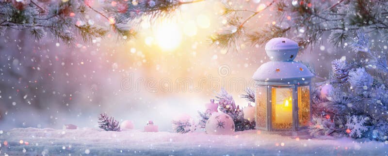 Christmas Lantern On Snow With Fir Branch. Winter Landscape