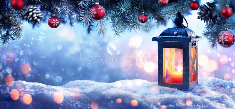 Christmas Lantern on Snowy Table with Fir Branches Stock Photo - Image ...