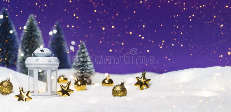 Christmas lantern with tree in snow. Glowing festive garland on purple background. Cozy fairytale atmosphere with home