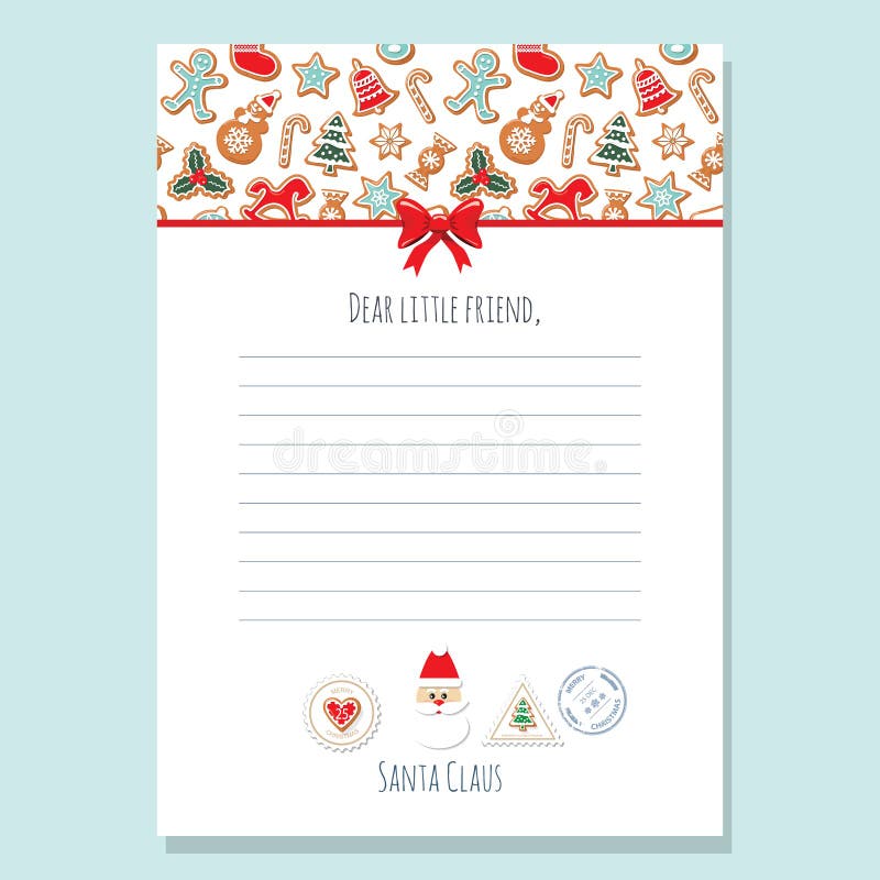 Christmas letter from Santa Claus template A4. Pattern with gingerbread cookies is full under clipping mask. Vector