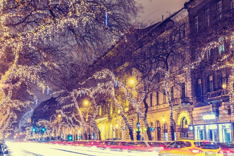 Christmas Light On Central Street in Budapest stock photo Christmas Light On Central Street in Budapest stock photo