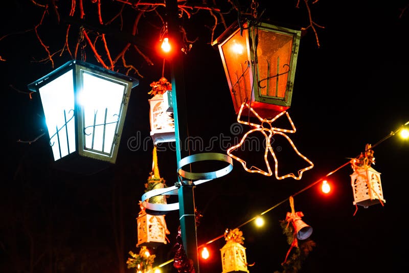 Christmas Lights, Christmas Decorations on the Street. Blurred