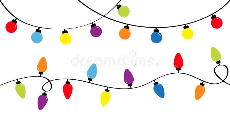 Christmas lights. Holiday festive xmas decoration. Colorful string fairy light set. Lightbulb glowing garland. Rainbow color. Flat