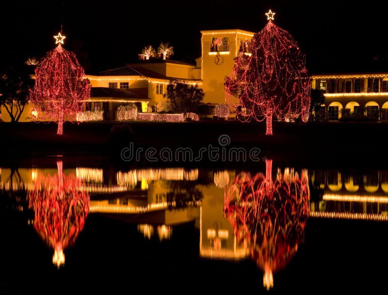 Christmas Lights Reflected in Lake Stock Photo Image of dark, lake
