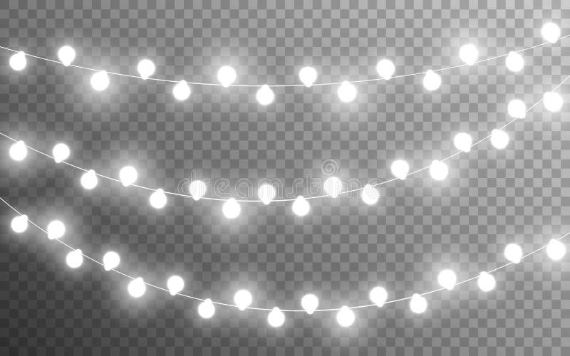 Christmas lights silver on transparent backdrop. Realistic glowing garlands. White Xmas decoration. Luminous bulbs for
