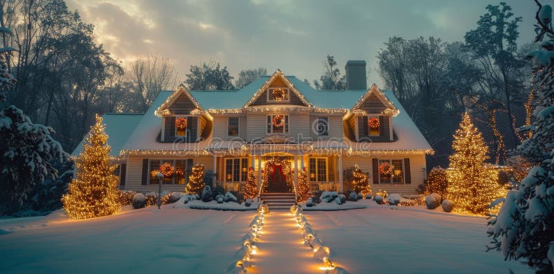 Christmas Lights on a Snowy House stock photos