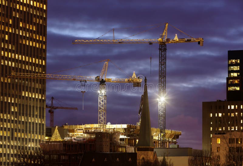 Christmas Lights on Tower Cranes Stock Photo Image of season