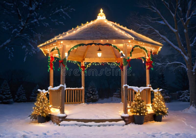 Christmas Lights Wrapped Around a Gazebo, in a Moonlit Setting