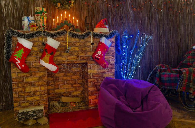 Christmas living room interior decoration with Christmas socks