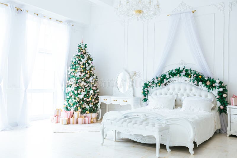 Christmas Living Room with a Christmas Tree, Gifts and Clock. Beautiful ...