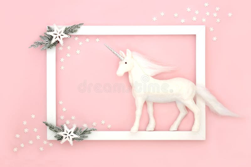 Christmas Magic Background with Unicorn Snowflakes and Fir stock image