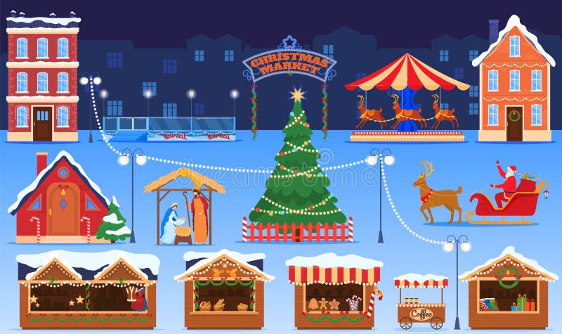 Christmas market fair decoration and kiosk, holiday street outdoor sale, merchandise houses vector illustration. New