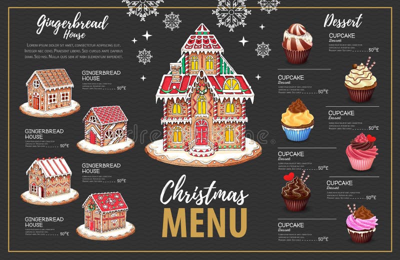 Christmas Menu Design with Sweet Gingerbread House and Cupcakes Stock