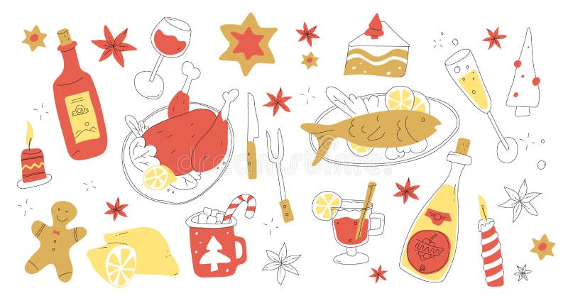 Christmas Menu Set in doodle style. Xmas eve food and drinks. Merry Christmas dinner. X-mas party tasty cooking.