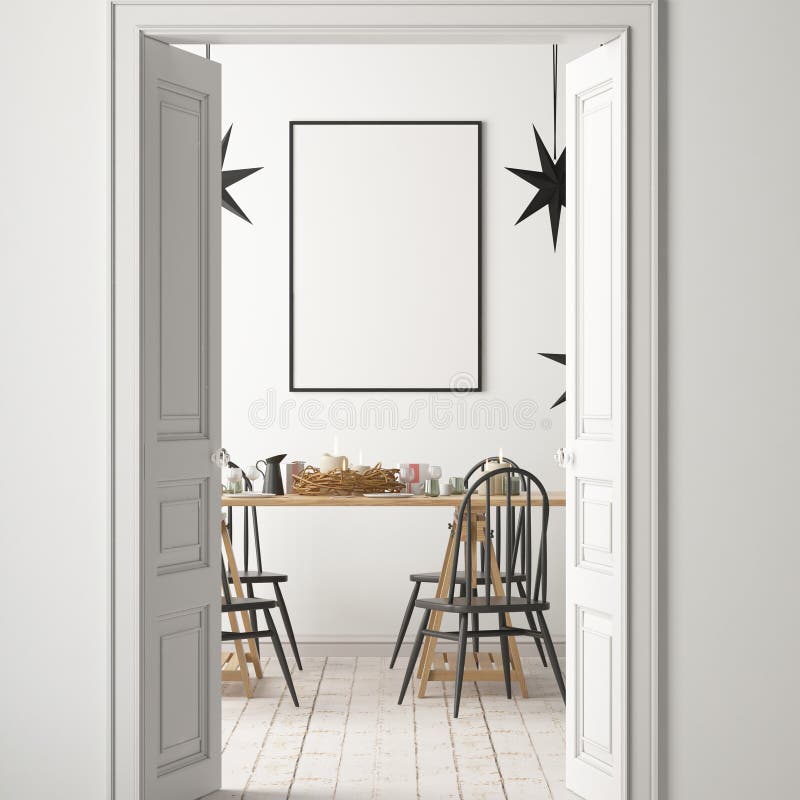 Christmas mockup with a poster on the background of a dinner table. 3D rendering vector illustration