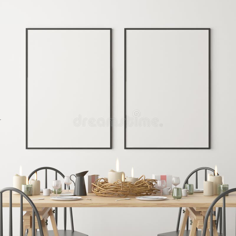 Christmas mockup with a poster on the background of a dinner table. 3D rendering royalty free illustration