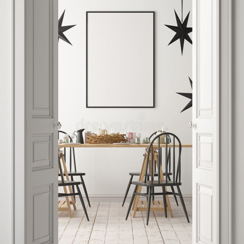 Christmas mockup with a poster on the background of a dinner table. 3D rendering royalty free illustration