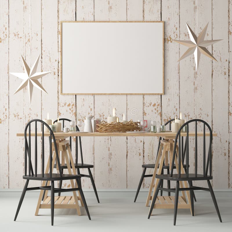 Christmas mockup with a poster on the background of a dinner table. 3D rendering stock illustration