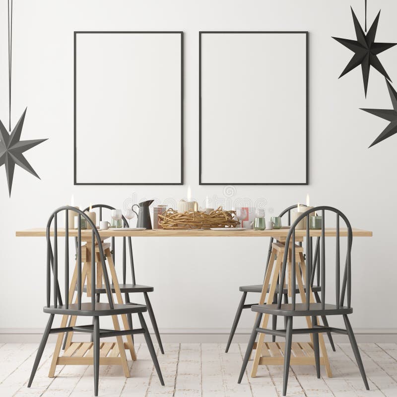 Christmas mockup with a poster on the background of a dinner table. 3D rendering stock illustration