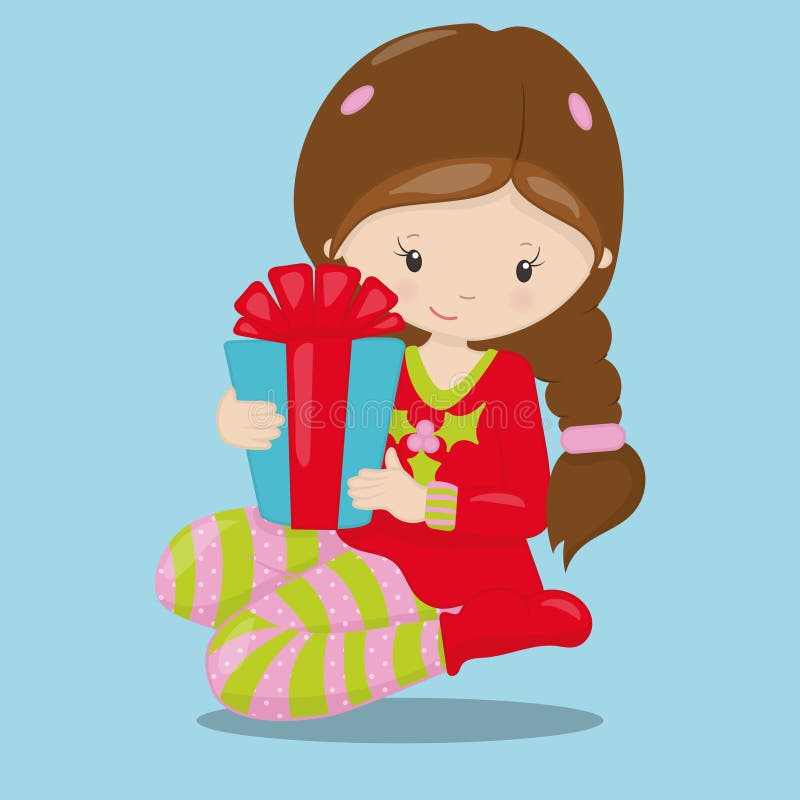 Christmas morgonflicka med gåva 11 stock illustrationer
