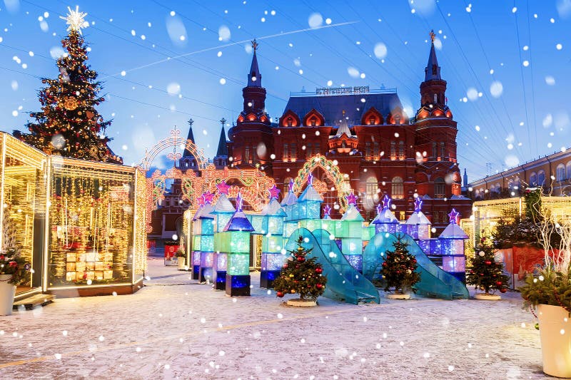 Christmas in Moscow. Manezhnaya Square decorated for Christmas i stock images Christmas in Moscow. Manezhnaya Square decorated for Christmas i stock images