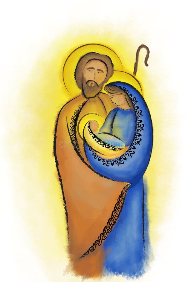 Christmas nativity scene Holy family Mary Joseph and child Jesus in a stary night abstract desaturated illustration.