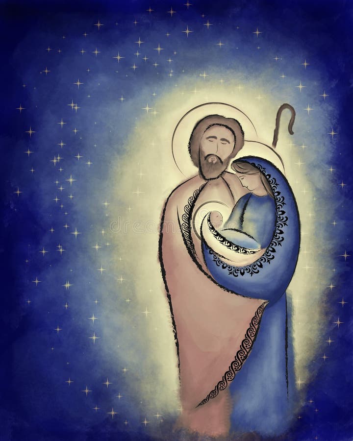 Christmas nativity scene Holy family Mary Joseph and child Jesus in a stary night abstract desaturated illustration.