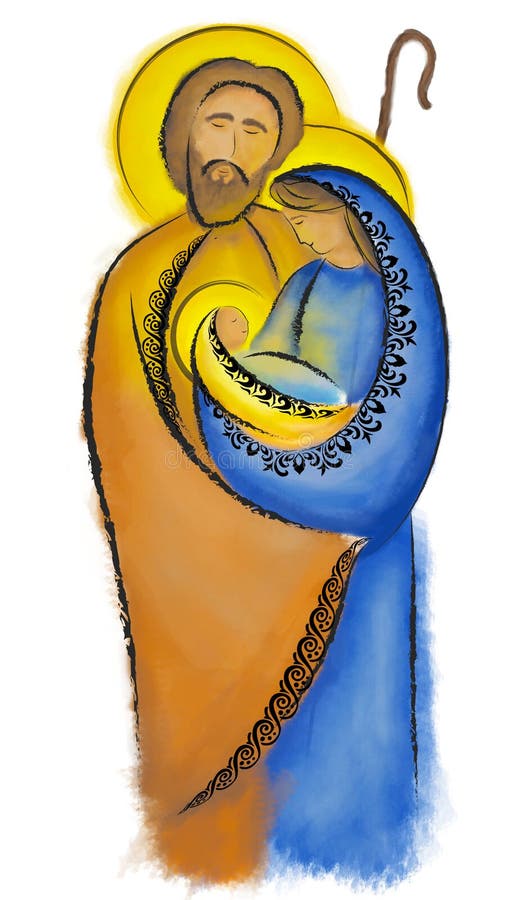 Christmas nativity scene Holy family Mary Joseph and child Jesus in a stary night abstract desaturated illustration.