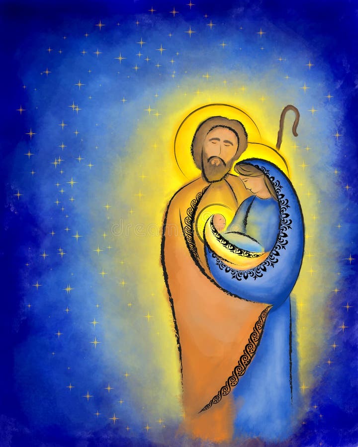 Christmas nativity scene Holy family Mary Joseph and child Jesus in a stary night abstract illustration.