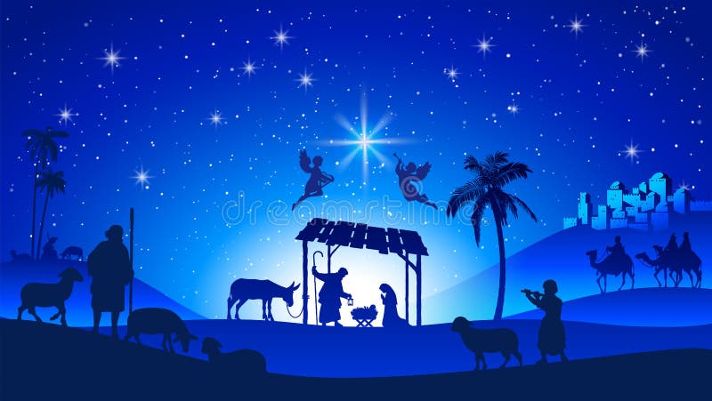 Christmas Nativity Scene with Manger Silhouette Stock Vector - Illustration  of night, full: 163271063
