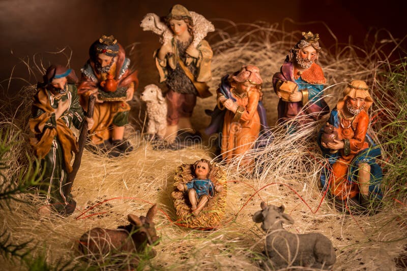 Christmas Nativity Scene with Baby Jesus, Mary & Joseph in Barn Stock