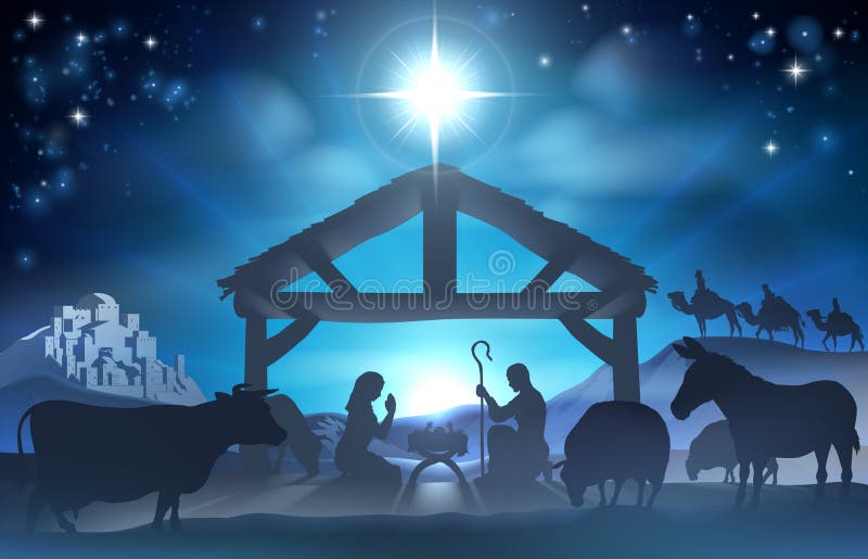 Cristiano tradizionale, Natale, Natività di Gesù bambino nella mangiatoia, con Maria e Giuseppe in silhouette circondato da animali e uomini saggi, la distanza con la città di Betlemme.
