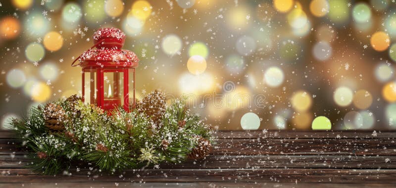 Christmas, New Year background with tree decorations and lantern on top. Snowflakes cover the scene