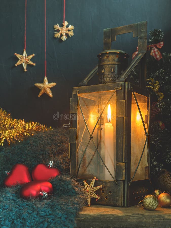 Christmas, New year beautiful fairy card, poster, still life. Old metal lamp with candle, holiday accessories