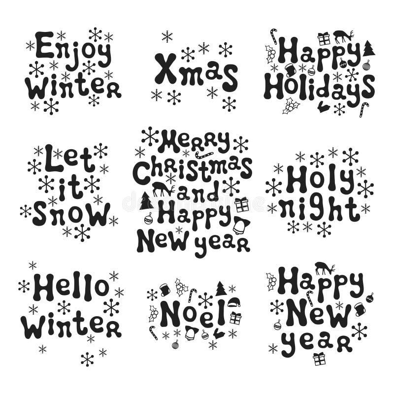 Christmas and New Year calligraphy phrases set. Handwritten brush seasons lettering collection. Xmas phrases. Hand drawn royalty free illustration Christmas and New Year calligraphy phrases set. Handwritten brush seasons lettering collection. Xmas phrases. Hand drawn royalty free illustration