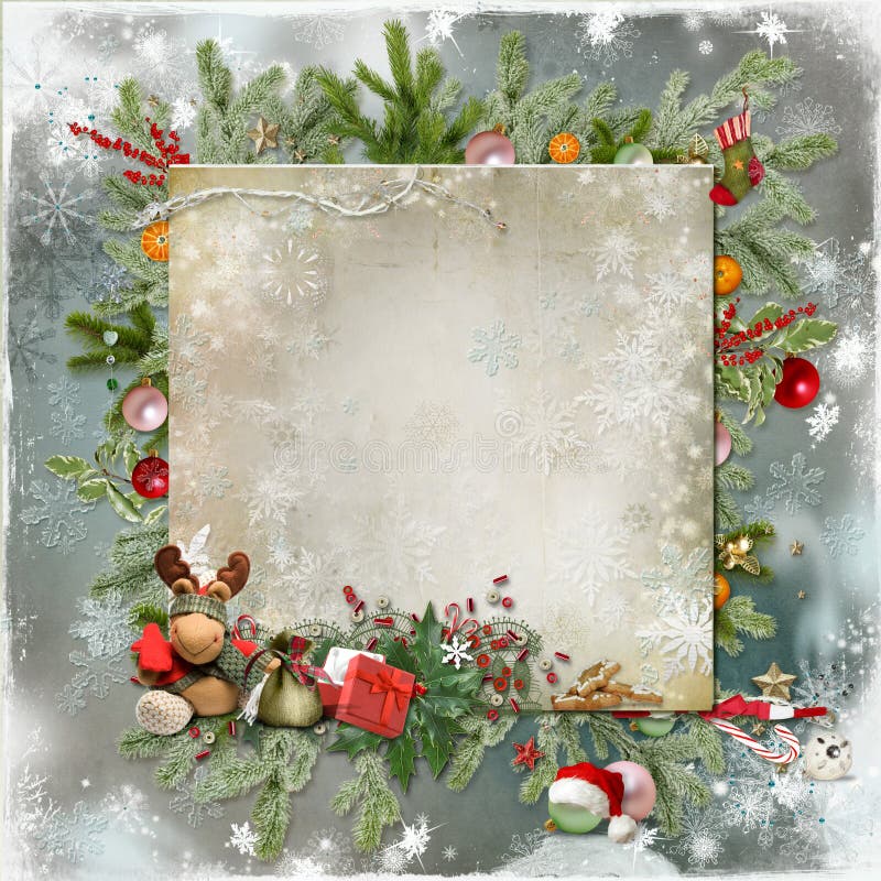 Christmas Frame with Miraculous Garland on a Wooden Background Stock ...