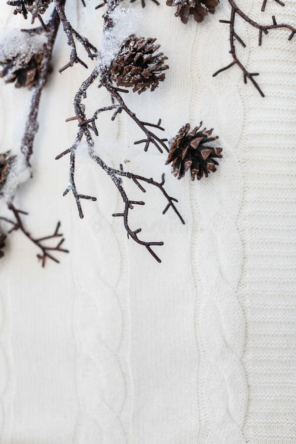 Christmas and New Year composition. Close up snow branches with cones on knitted white background with copy space royalty free stock images Christmas and New Year composition. Close up snow branches with cones on knitted white background with copy space royalty free stock images