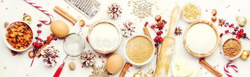 Christmas or New Year composition with ingredients for baking fe