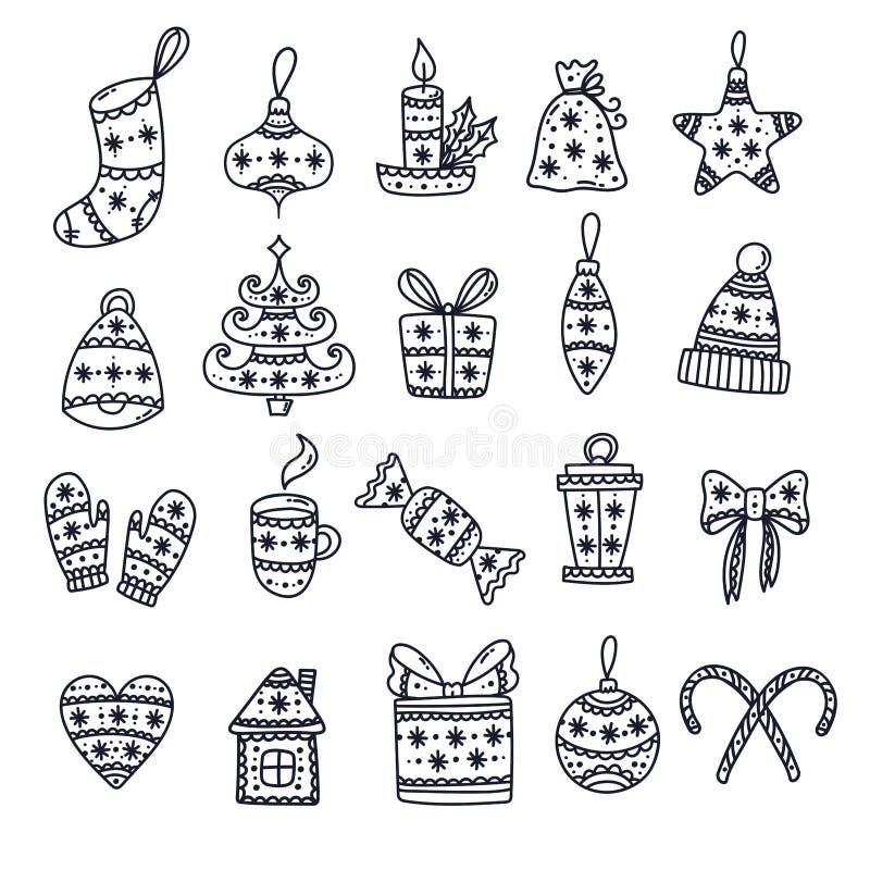 Christmas New Year Cute Doodle Vector Icons Set Stock Vector Illustration Of Candle Decorated 