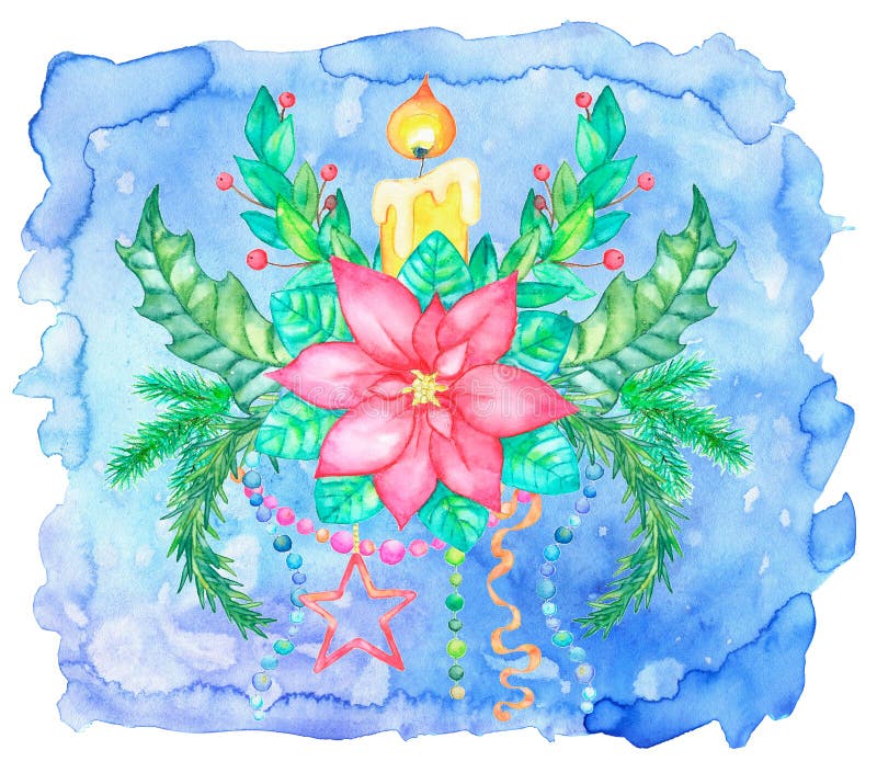 Christmas and New Year greeting card with poinsettia flower, candle, conifer branch and baubles against blue painted background. Hand drawn vintage watercolor illustration