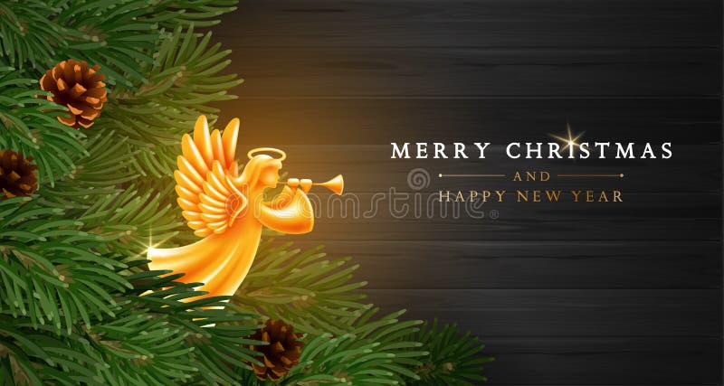 Christmas And New Year Greeting Card Template With Golden Angel And Fir Tree