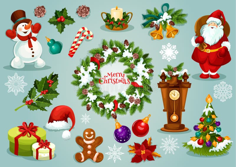 Christmas and New Year holiday cartoon icon set