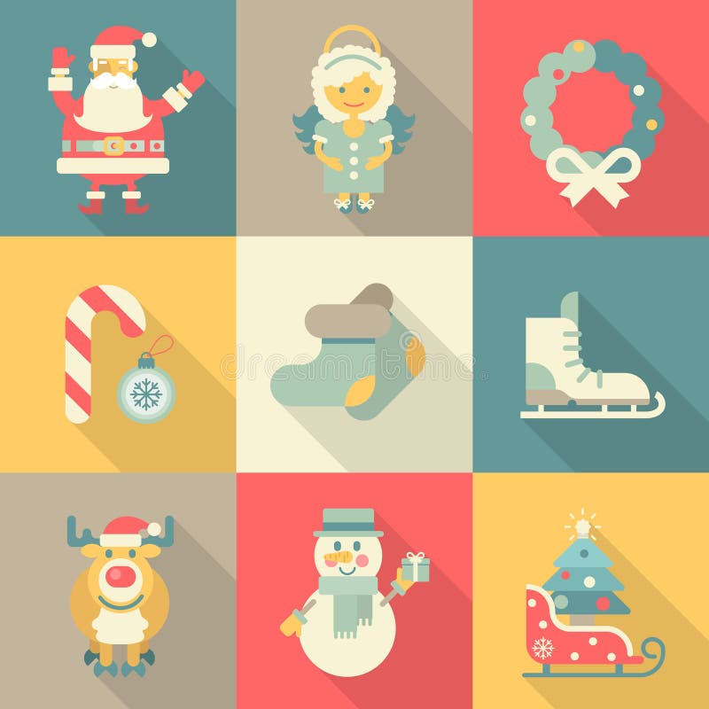 Christmas New Year icon set flat style cartoon funny Santa angel